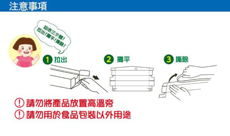 注意事項回收三步驟!拉出!!撕除!! 拉出 平撕除①請勿將產品放置高溫旁① 請勿用於食品包裝以外用途