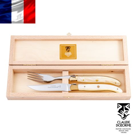 法國【Claude Dozorme】Laguiole黃銅系列-珍珠白壓克力刀叉木禮盒組