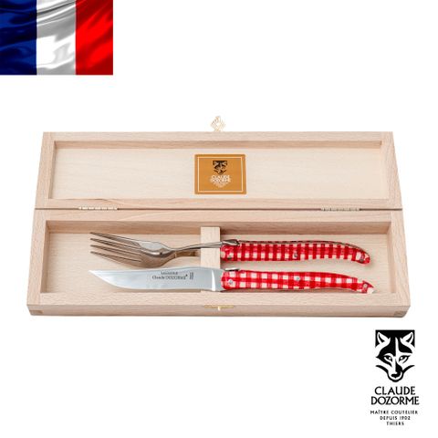 法國【Claude Dozorme】Laguiole基本細柄系列-Vichy紅方格織布刀叉木禮盒組