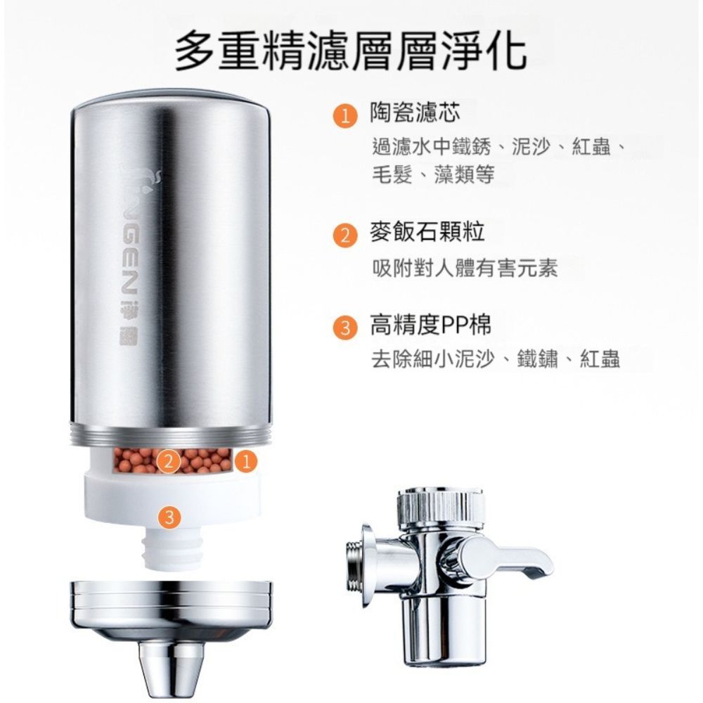  【晴安居】360多重過濾304不鏽鋼淨水器 加粗陶瓷濾芯水龍頭過濾器-活性碳款1機2芯組