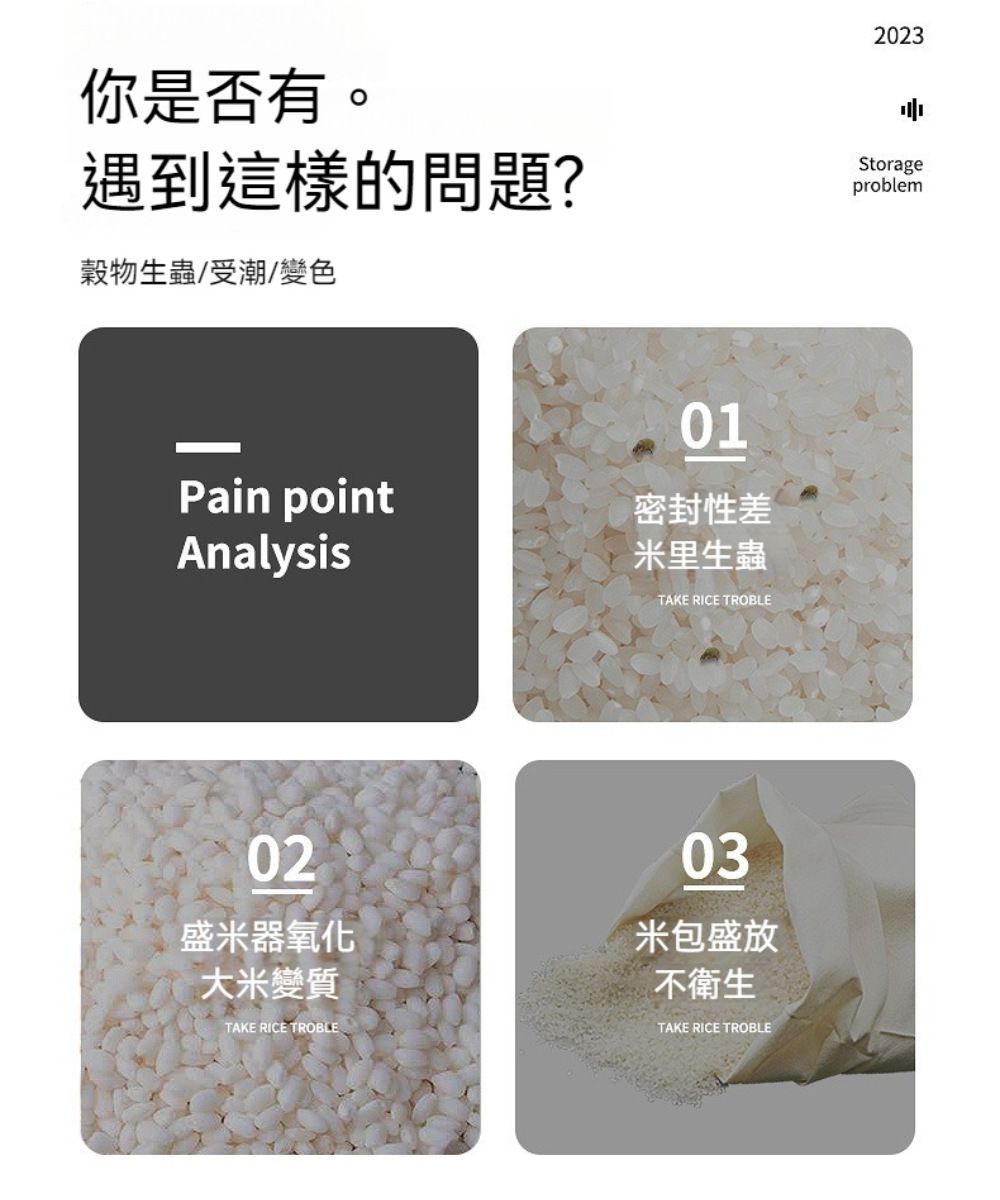 你是否有。遇到這樣的問題?穀物生蟲/受潮/變色Pain pointAnalysis01密封性差米里生蟲TAKE RICE TROBLE02盛米器氧化大米變質TAKE RICE TROBLE03米包盛放不衛生TAKE RICE TROBLE2023Storageproblem