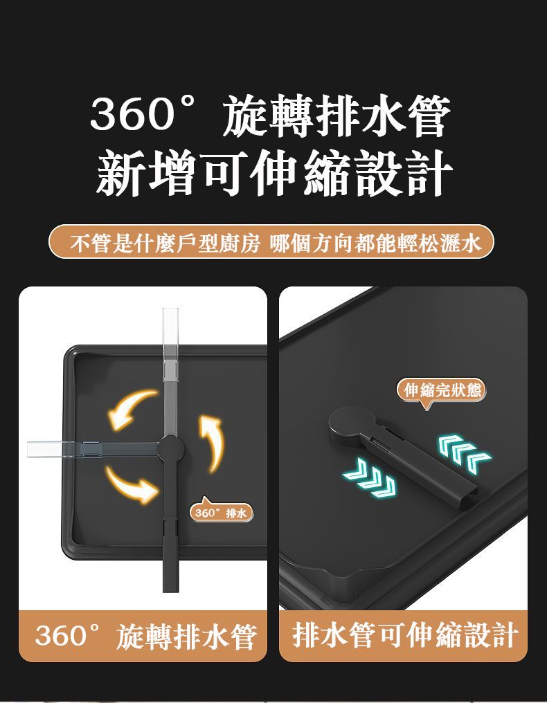 360旋轉排水管新增可伸縮設計不管是什麼戶型廚房 哪個方向都能輕松瀝水(360°排水伸縮完狀態360°旋轉排水管 排水管可伸縮設計