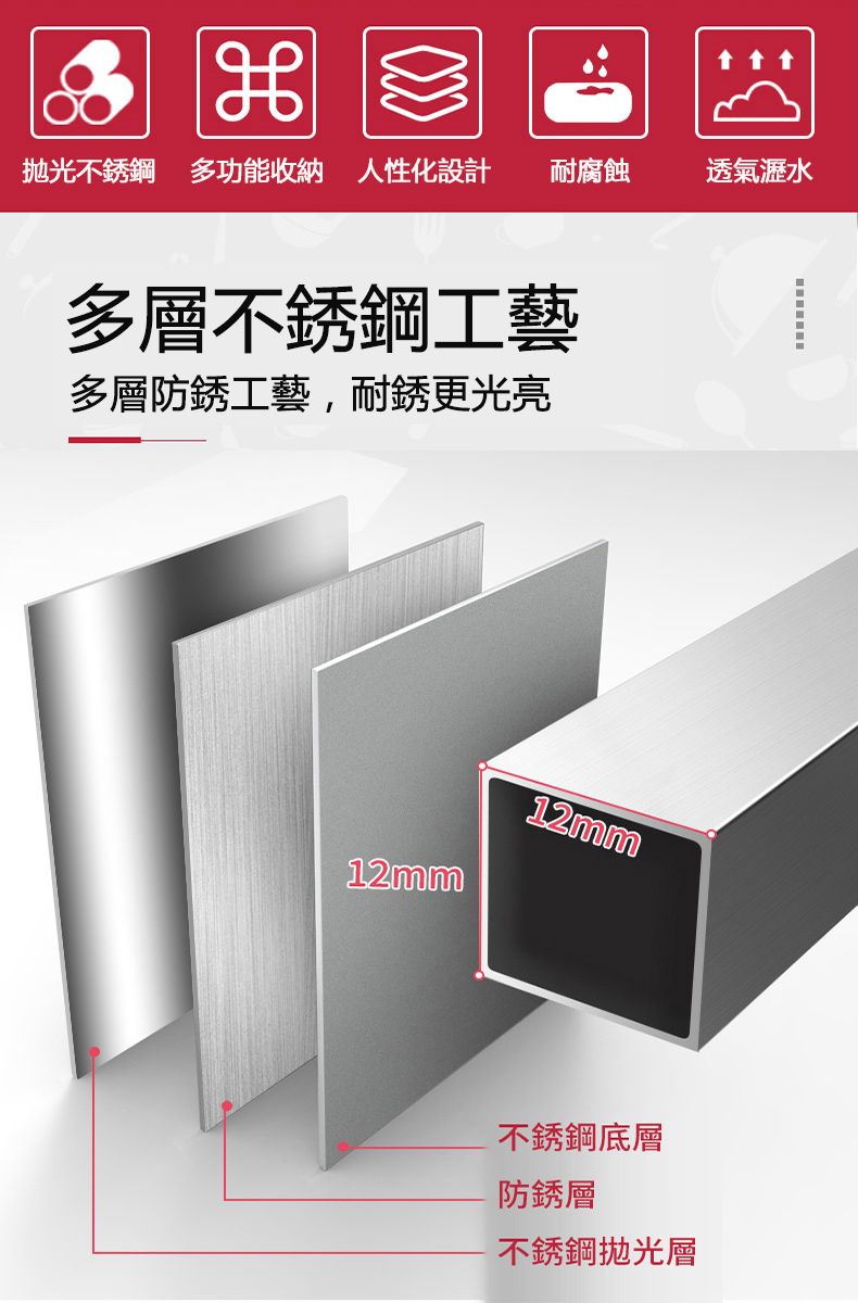 拋光不銹鋼 多功能收納 人性化設計耐腐蝕透氣瀝水多層不銹鋼工藝多層防銹工藝,耐銹更光亮12mm12mm不銹鋼底層防銹層不銹鋼拋光層