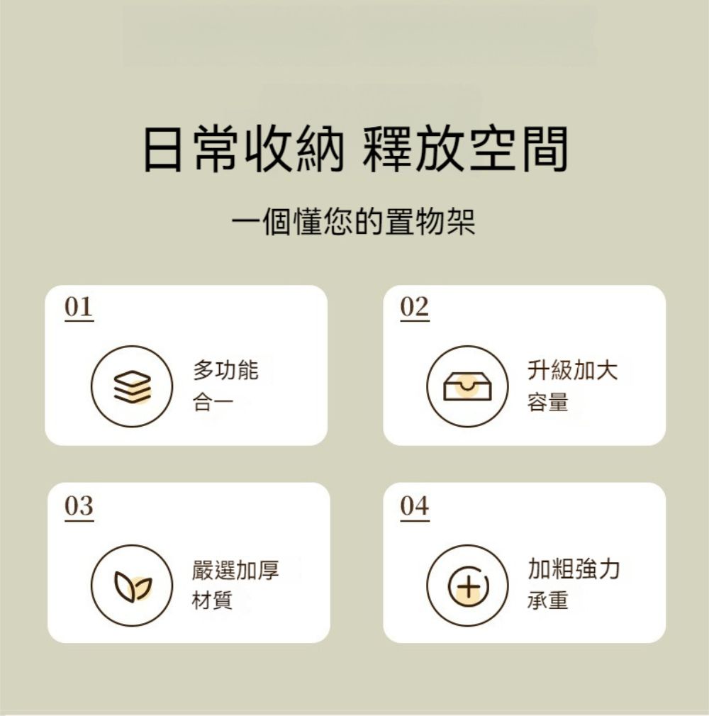 0301日常收納 釋放空間一個懂您的置物架多功能合一02嚴選加厚材質04升級加大容量加粗強力(+)承重