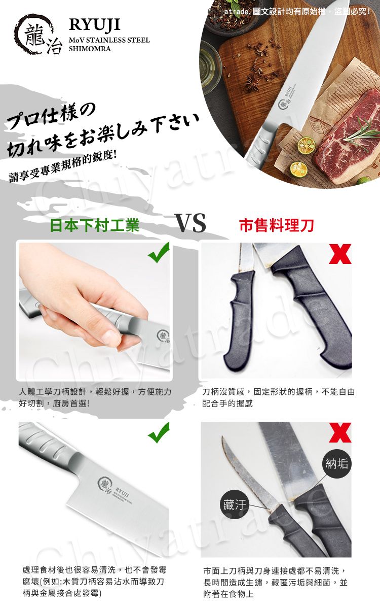 龍RYUJISHIMOMRA STAINLESS STEEL圖文設計均有原始檔,盜圖必究!プロ仕様の切れ味をお楽しみ下さい請享受專業規格的銳度!日本下村工業VS市售料理刀人體工學刀柄設計,輕鬆好握,方便施力好切割,廚房首選!刀柄沒質感,固定形狀的握柄,不能自由配合手的握感RYUJI【藏汙【納垢處理食材後也很容易清洗,也不會發霉腐壞(例如:木質刀柄容易沾水而導致刀柄與金屬接合處發霉)市面上刀柄與刀身連接處都不易清洗,長時間造成生鏽,藏匿污垢與細菌,並附著在食物上