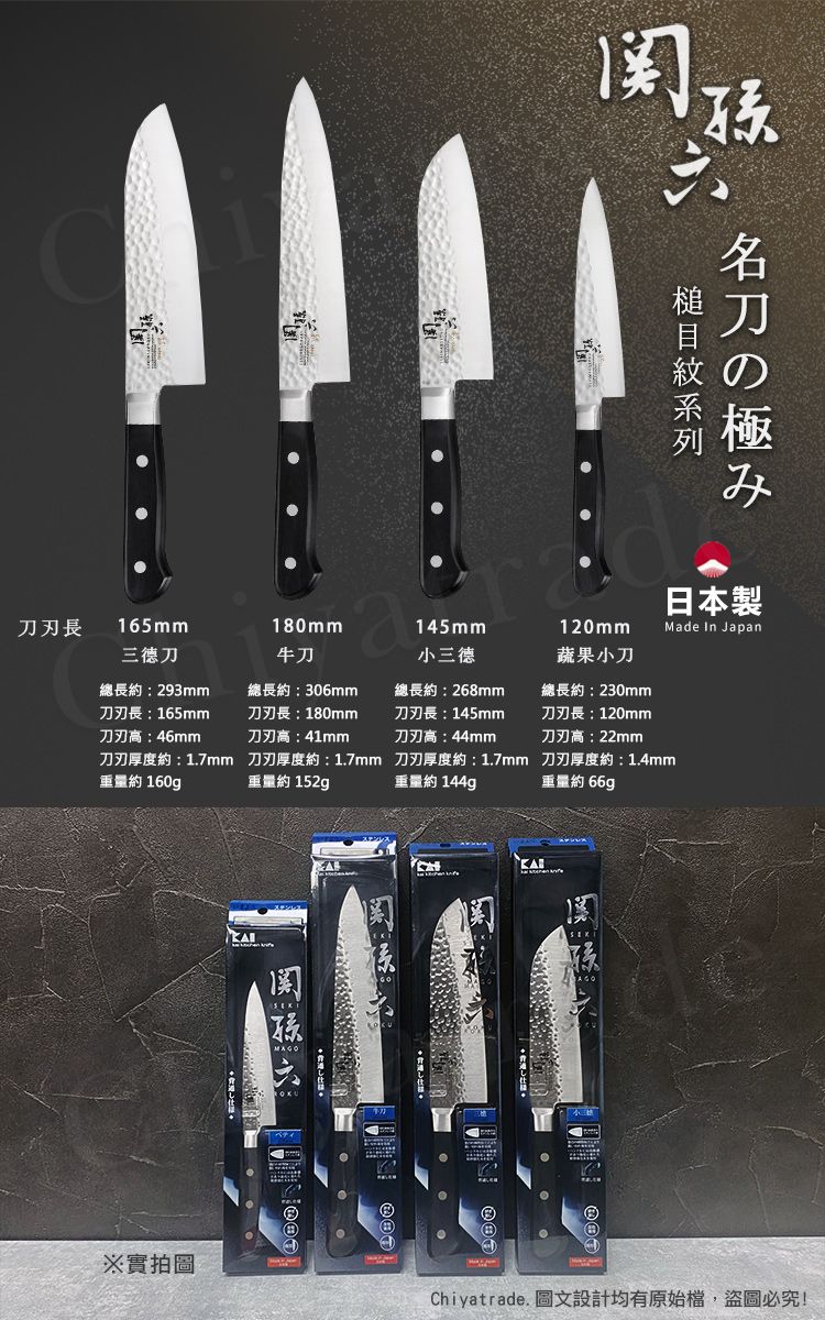 刀刃長名刀の極み165mm三德刀180mm牛刀a145mm小三德120mm蔬果小刀日本製Made In Japan總長約:293mm刀刃長:165mm刀刃高:46mm總長約:306mm刀刃長:180mm刀刃高:41mm總長約:268mm刀刃長:145mm刀刃高:44mm總長約:230mm刀刃長:120mm刀刃高:22mm刀刃厚度約:17mm 刀刃厚度約:1.7mm 刀刃厚度約:1.7mm 刀刃厚度約:1.4mm重量約 160g重量約 152g重量約 144g重量約66g拍Chiyatrade.設計均有原始檔盜必究!