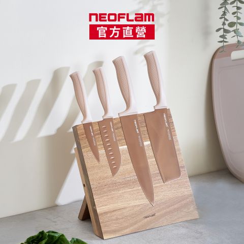 NEOFLAM 鈦金刀具5件組(含磁吸摺疊刀座/8吋主廚刀/6.5吋菜刀/5吋三德刀/3.5吋萬用刀)