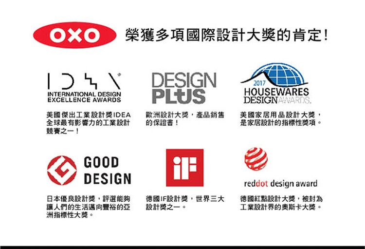 INTERNATIONAL DESIGNEXCELLENCE AWARDS榮獲多項國際設計大獎的肯定!DESIGNPLUS美國傑出工業設計獎IDEA全球最有影響力的工業設計競賽之一!歐洲設計大獎產品銷售的保證書!2017HOUSEWARESDESIGN AWARDS.美國家居用品設計大獎,是家居設計的指標性獎項。GOODDESIGNreddot design award日本優良設計獎,評選能夠讓人們的生活邁向豐裕的亞洲指標性大獎。德國IF設計獎,世界三大設計獎之一。德國紅點設計大獎,被封為工業設計界的奧斯卡大獎。