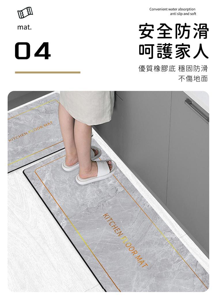 mat.04Convenient water absorptionanti slip and soft安全防滑呵護家人優質橡膠底 穩固防滑不傷地面KITCHEN MATKITCHEN  MAT