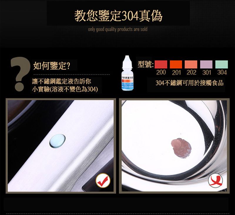 教您鑒定304真偽only good quality products are sold?如何鑒定?讓不鏽鋼鑑定告訴你型號:200 201 202 301 304304不鏽鋼可用於接觸食品小實驗(溶液不變色為304)