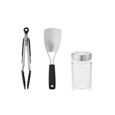 美國OXO 料理明星雙件組｜好好握彈性不鏽鋼鍋鏟+9吋矽膠餐夾(加碼送香料儲存罐)