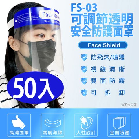 FS-03可調節透明安全防護面罩 20入 防飛沫噴濺 高度透明 親膚海綿 防油煙炒菜油濺 加大面罩