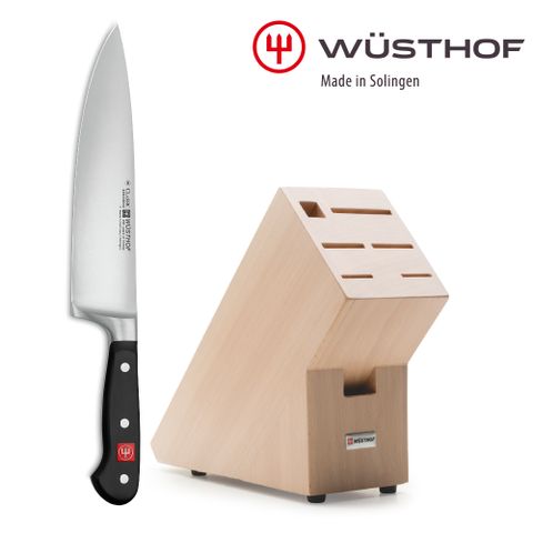 《WUSTHOF》德國三叉 CLASSIC 20cm主廚刀+刀具座(原木色櫸木)