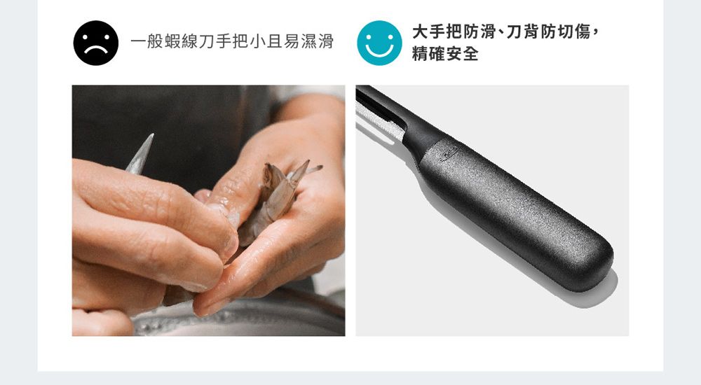 一般蝦線刀手把小且易濕滑大手把防滑、刀背防切傷,精確安全