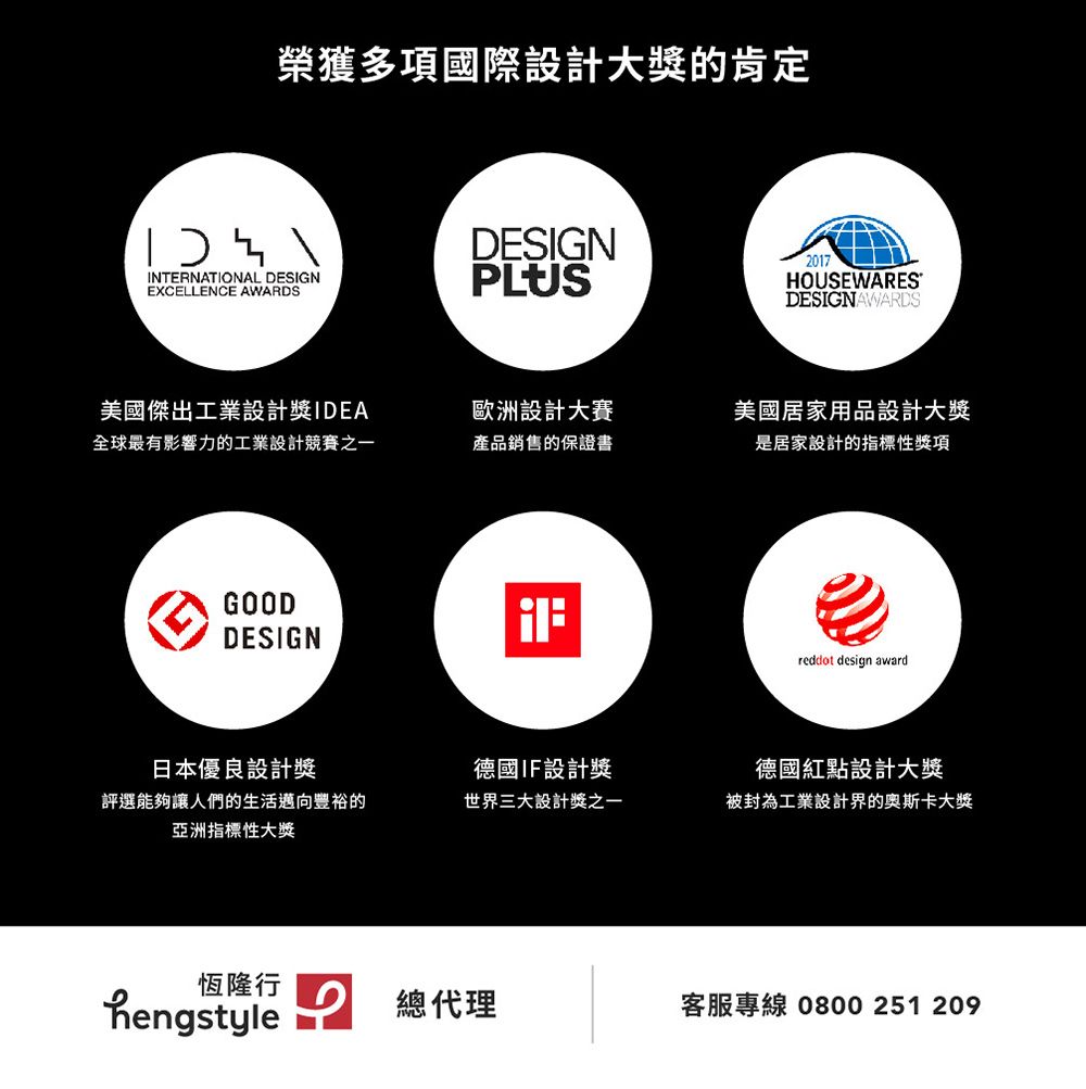 榮獲多項國際設計大獎的肯定 4 INTERNATIONAL DESIGNEXCELLENCE AWARDSDESIGN2017PLUSHOUSEWARESDESIGNAWARDS美國傑出工業設計獎IDEA全球最有影響力的工業設計競賽之一歐洲設計大賽產品銷售的保證書美國居家用品設計大獎是居家設計的指標性獎項GOODDESIGNreddot design award日本優良設計獎德國IF設計獎德國紅點設計大獎評選能夠讓人們的生活邁向豐裕的亞洲指標性大獎世界三大設計獎之一被封為工業設計界的奧斯卡大獎恆隆行hengstyle總代理客服專線 0800 251 209