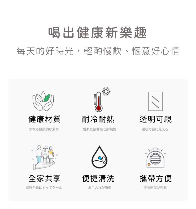 喝出健康新樂趣每天的好時光,輕酌慢、愜意好心情健康材質耐冷耐熱される健康的な素材優れた耐寒性と耐熱性透明可視透明で目に見える全家共享便捷清洗攜帶方便家族全員にとってクールお手入れが簡単持ち運びが容易