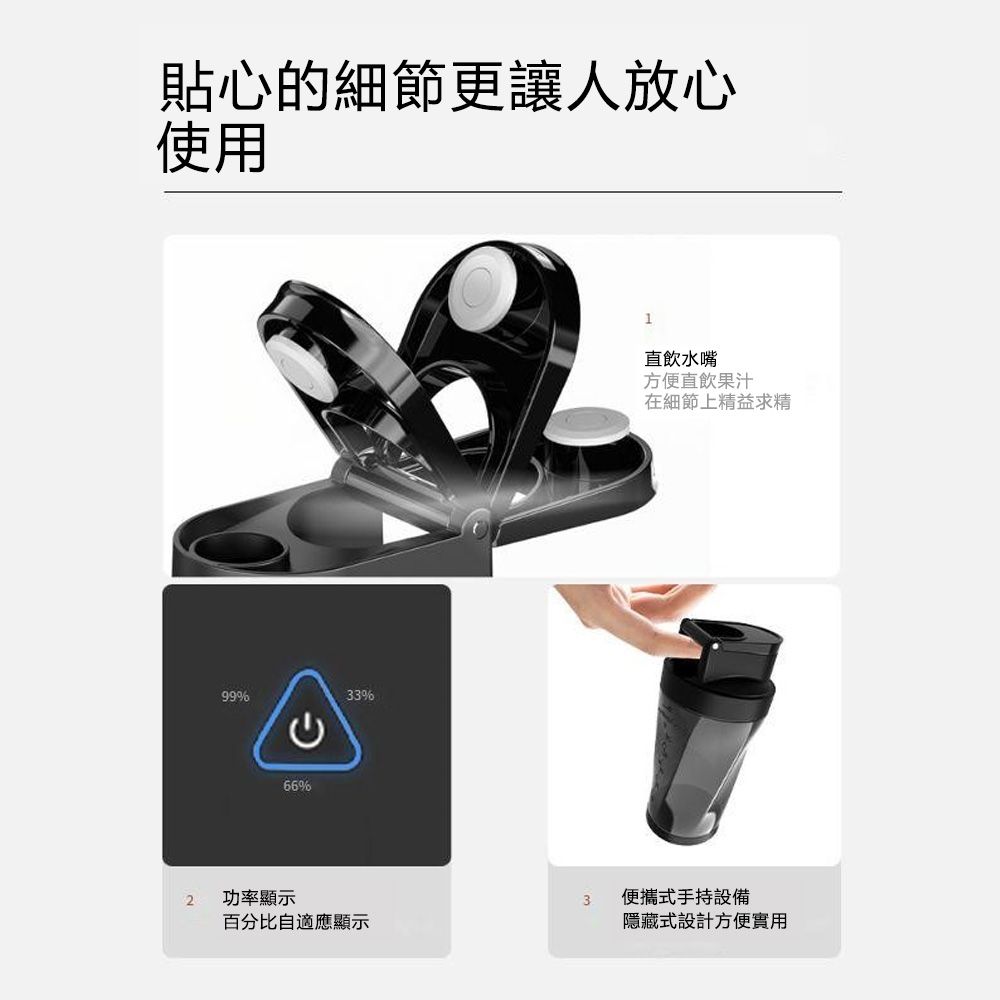 貼心的細節更讓人放心使用99%66%33%1直飲水嘴方便直飲果汁在細節上精益求精2功率顯示3便攜式手持設備百分比自適應顯示隱藏式設計方便實用
