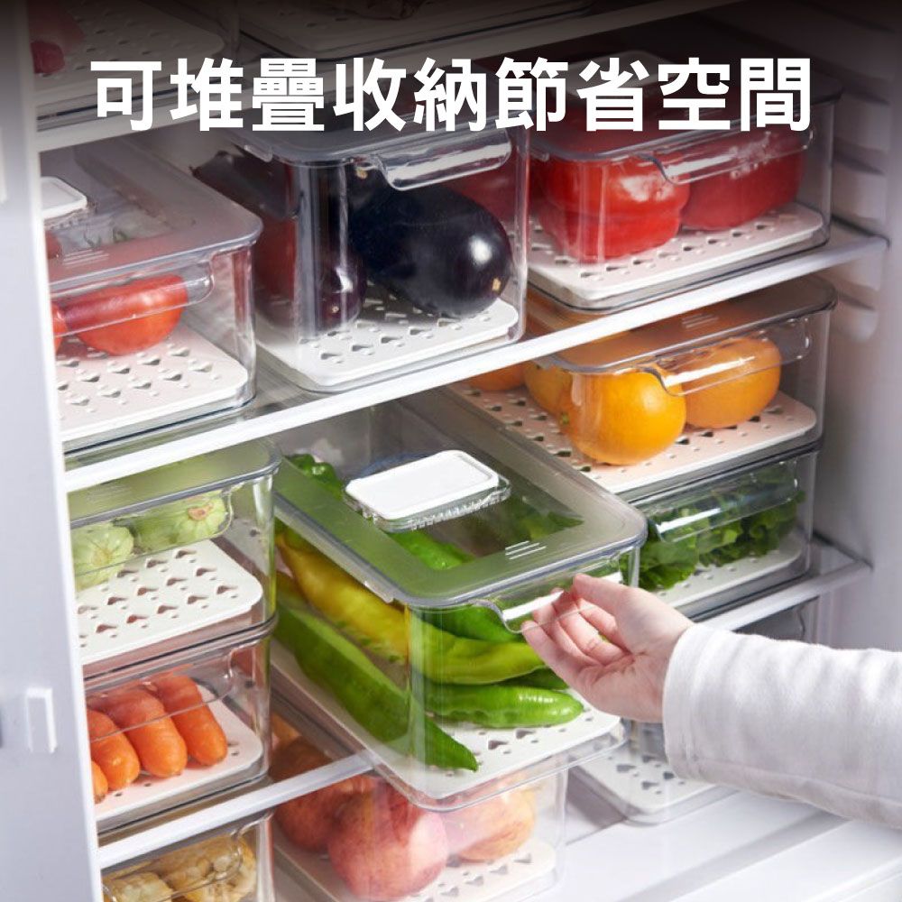 新錸家居 1入_中號長款_大容量抽屜式透明冷凍保鮮冰箱收納盒(可疊加滑蓋設計 瀝水隔板排水孔 調節濕氣窗)