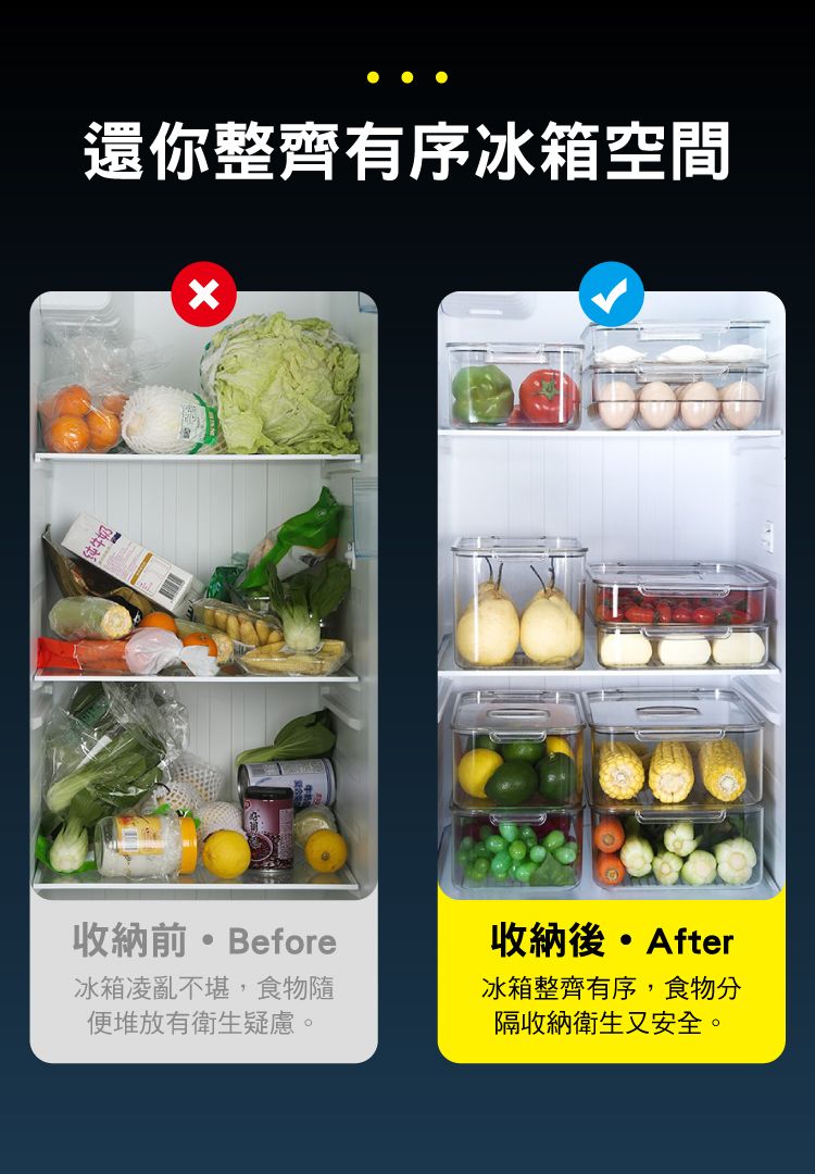 還你整齊有序冰箱空間x收納前Before冰箱凌亂不堪,食物隨堆放有衛生疑慮。收納後·After冰箱整齊有序,食物分隔收納衛生又安全。