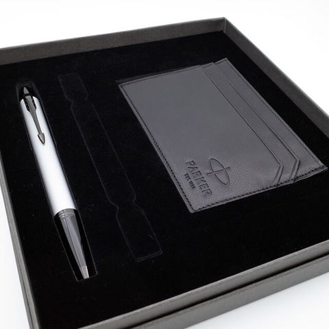 PARKER 派克 新 IM 內斂灰原子筆+牛皮卡片夾禮盒