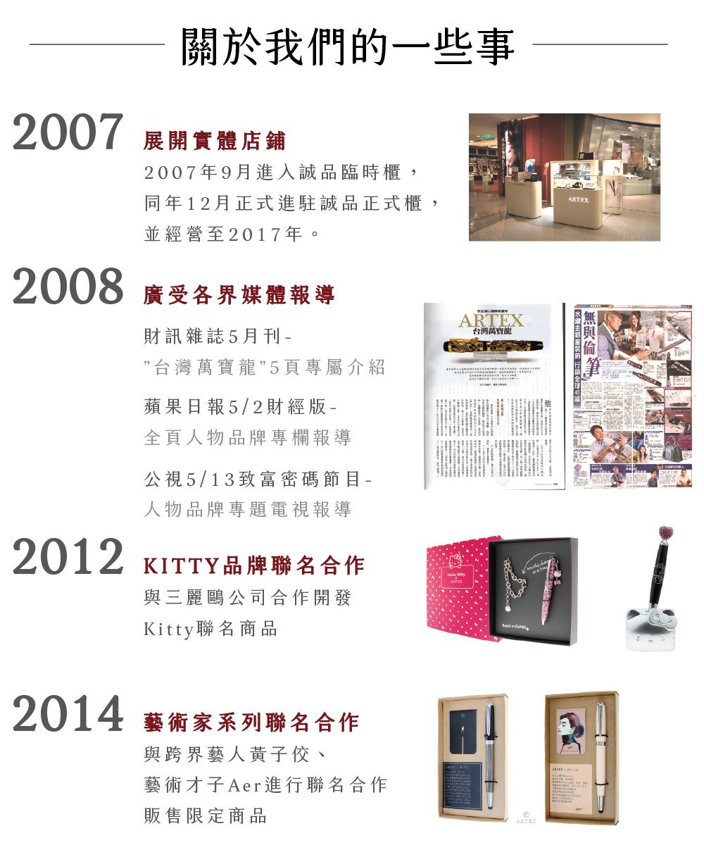 關於我們的一些事2007 展開實體店鋪2007年9月進入誠品臨時櫃,同年12月正式進駐誠品正式櫃,並經營至2017年。2008 廣受各界媒體報導財訊雜誌5月刊-台灣萬寶龍5頁專屬介紹蘋果日報5/2財經版-全頁人物品牌專欄報導公視5/13致富密碼節目-人物品牌專題電視報導2012 KITTY品牌聯名合作三麗鷗公司合作開發Kitty聯名商品2014 藝術家系列聯名合作與跨界藝人黃子佼、藝術才子Aer進行聯名合作販售限定商品ARTEX台灣萬寶龍ARTEXARTEX與