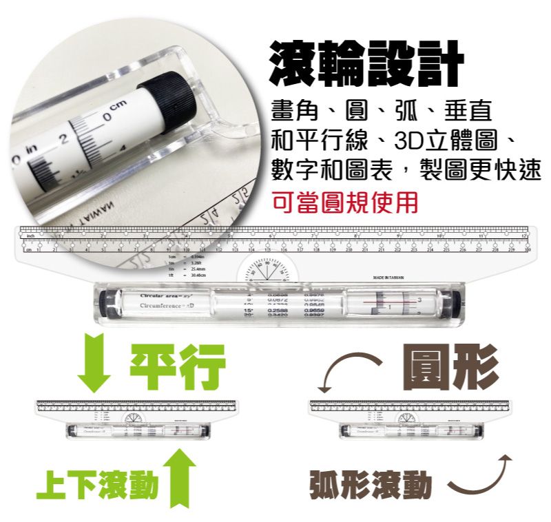 cm 滾輪設計畫角、圓、弧、垂直和平行線、3D立體圖、數字和圖表,製圖更快速可當圓規使用15  平行上下滾動圓形弧形滾動