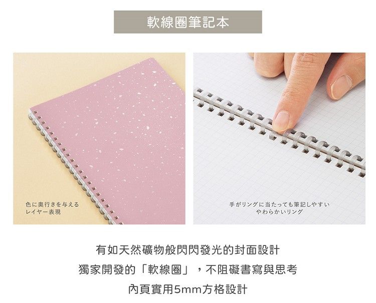 色に奥行きを与える表現軟線圈筆記本手がリングに当たっても筆記しやすいやわらかいリング有如天然礦物般閃閃發光的封面設計獨家開發的「軟線圈」,不阻礙書寫與思考內頁實用5mm方格設計