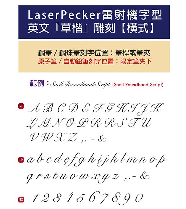 LserPecker雷射機字型英文「草楷雕刻【式】鋼筆/鋼珠筆刻字位置筆桿或筆原子筆 / 自動鉛筆刻字位置: 限定筆夾下  Roundhand Script Snell Roundhand ScriptA B C D E F G H I J KLMNOPR R S T UV W X Z  & a b c d e f g h i j k l m n o p vw  y z -&數 1 2 3 4 5 6 7 8 9 0