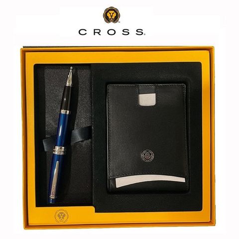 美國 高仕 CROSS 貝禮 藍琺瑯鋼珠筆 + 真皮短夾 禮盒