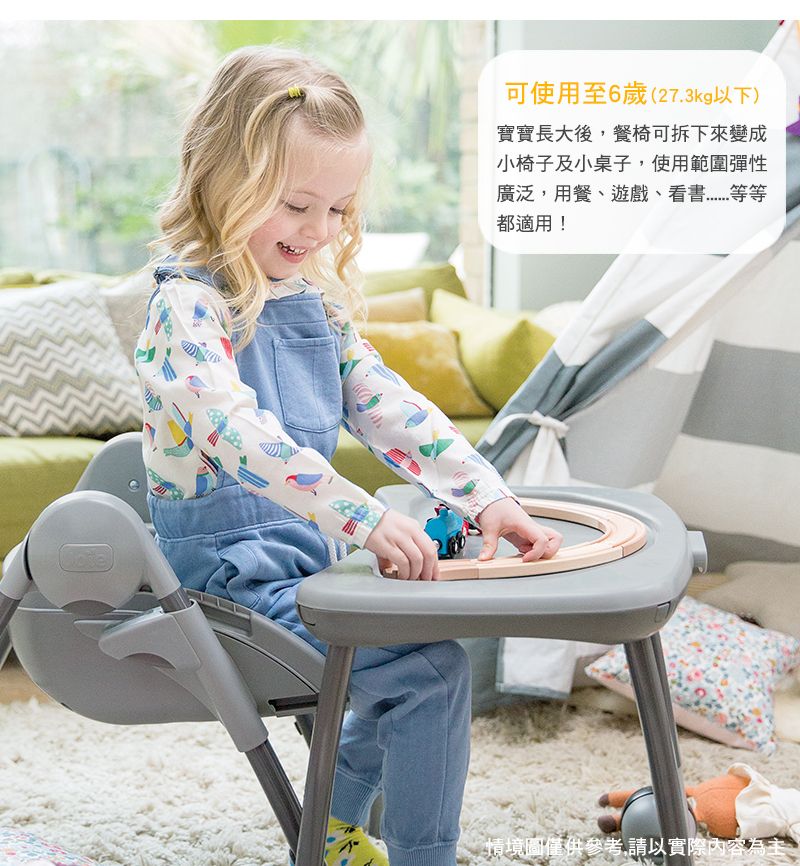可使用至6歲(27.3kg以下)寶寶長大後,餐椅可拆下來變成小椅子及小桌子,使用範圍彈性廣泛,用餐、遊戲、看書等等都適用!情境圖僅供參考,請以實際內容為主