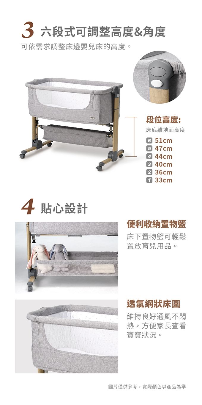 3 六段式可調整高度&角度可依需求調整床邊嬰兒床的高度。段位高度:床底離地面高度 1cm5 47cm4 44cm3 40cm2 36cm1 33cm4貼心設計便利收納置物籃床下置物籃可輕鬆置放育兒用品。透氣網狀床圍維持良好通風不悶熱,方便家長查看寶寶狀況。圖片僅供參考,實際顏色以產品為準