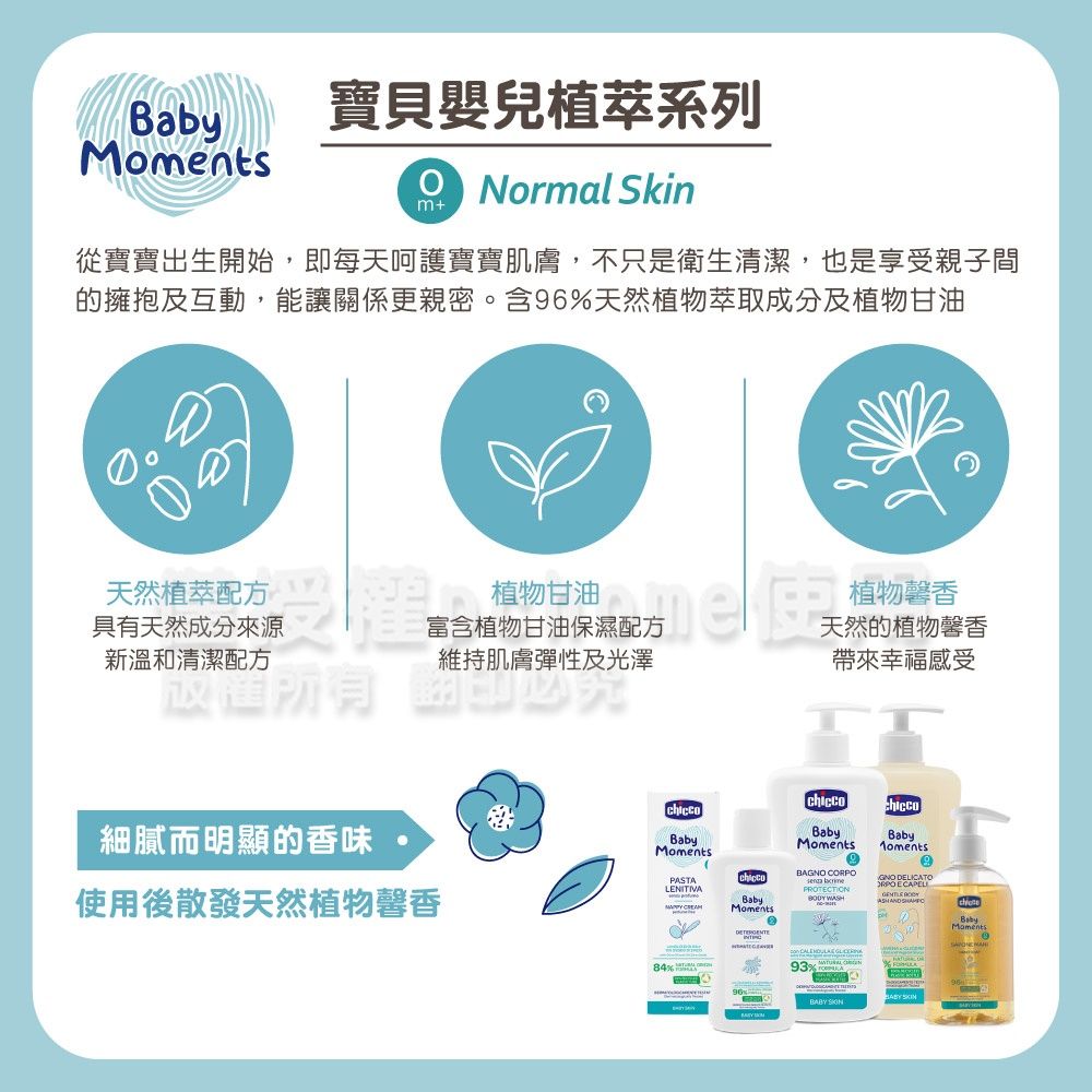 寶貝嬰兒植萃系列 Normal Skinm+從寶寶出生開始,即每天呵護寶寶肌膚,不只是衛生清潔,也是享受親子間的擁抱及互動,能讓關係更親密。含6天然植物萃取成分及植物甘油天然植萃配方具有天然成分來源新溫和清潔配方植物甘油富含植物甘油保濕配方維持肌膚彈性及光澤植物馨香天然的植物馨香帶來幸福感受細膩而明顯的香味使用後散發天然植物馨香BAGNO CORPOPASTALENITIVABaby PROTECTIONBabyMoments9BabyMomentsGNO DELICATORPOE    Moments93% 84%  BabyMoments