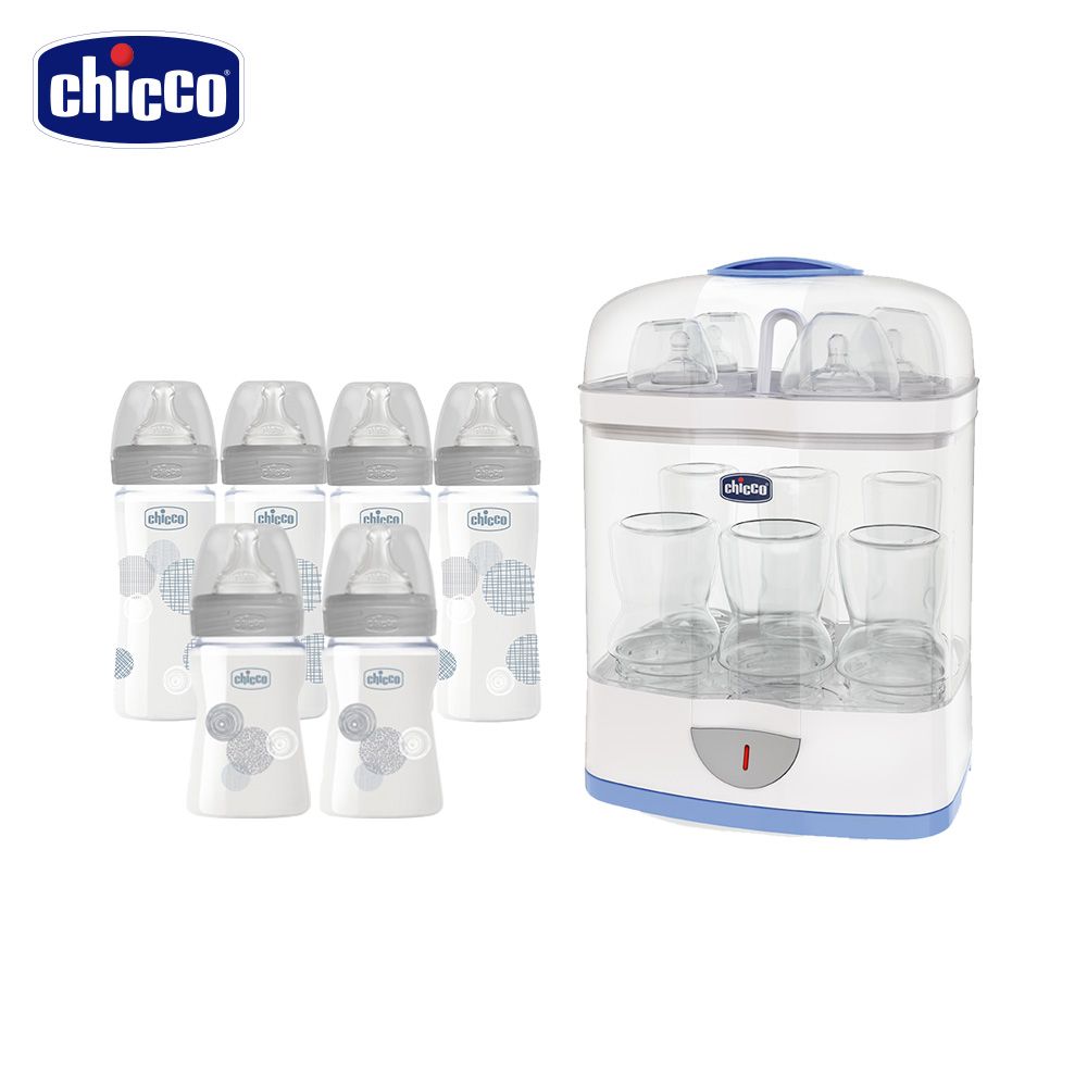 chicco 消毒鍋特惠組(消毒鍋+舒適哺乳防脹氣玻璃奶瓶4大2小)