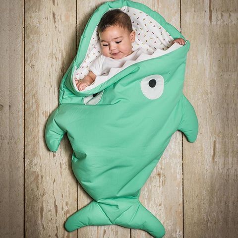 【西班牙設計】鯊魚咬一口《輕量版》BabyBites 100% 純棉手作嬰兒/幼兒睡袋|防踢被|包巾 青草綠