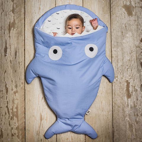 【西班牙設計】鯊魚咬一口《輕量版》BabyBites 100% 純棉手作嬰兒/幼兒睡袋|防踢被|包巾 牽牛花藍