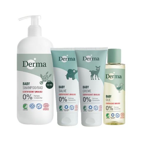 Derma Eco 丹麥德瑪 Derma寶寶全面呵護四入組(洗髮沐浴露+護膚霜+按摩浴油+萬用膏)