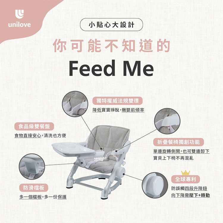 unilove小貼心大設計你可能不知道的Feed Me食品級雙餐盤食物直接安心清洗也方便防滑檔板多一個檔板,多一份保護獨特權威法規雙環降低寶寶掙脫,嫩嬰前傾率折疊餐椅獨創功能單邊旋轉側開,也可雙邊卸下寶貝上下椅不再混亂全球專利防誤觸四段升降鈕向下降需壓下+轉動