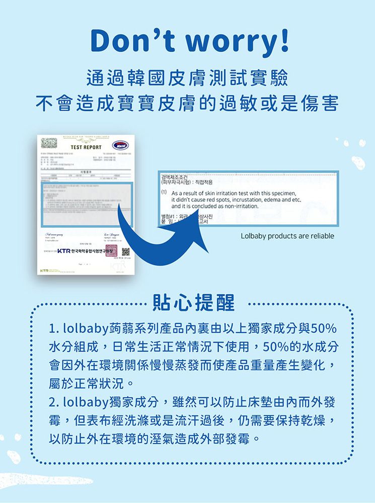 Dont worry!通過韓國皮膚測試實驗不會造成寶寶皮膚的過敏或是傷害TEST REPORT即조건자극시험) 직접적용(1) As a result of skin irritation test with this specimenit didnt cause red spots, incrustation, edema and etc.and it is concluded as non-irritation. : 고서Lolbaby products are reliable貼心提醒1. lolbaby蒟蒻系列產品裏由以上獨家成分與50%水分組成,日常生活正常情況下使用,50%的水成分會因外在環境關係慢慢蒸發而使產品重量產生變化,屬於正常狀況。2. lolbaby獨家成分,雖然可以防止床墊由而外發霉,但表布經洗滌或是流汗過後,仍需要保持乾燥,以防止外在環境的溼氣造成外部發霉。