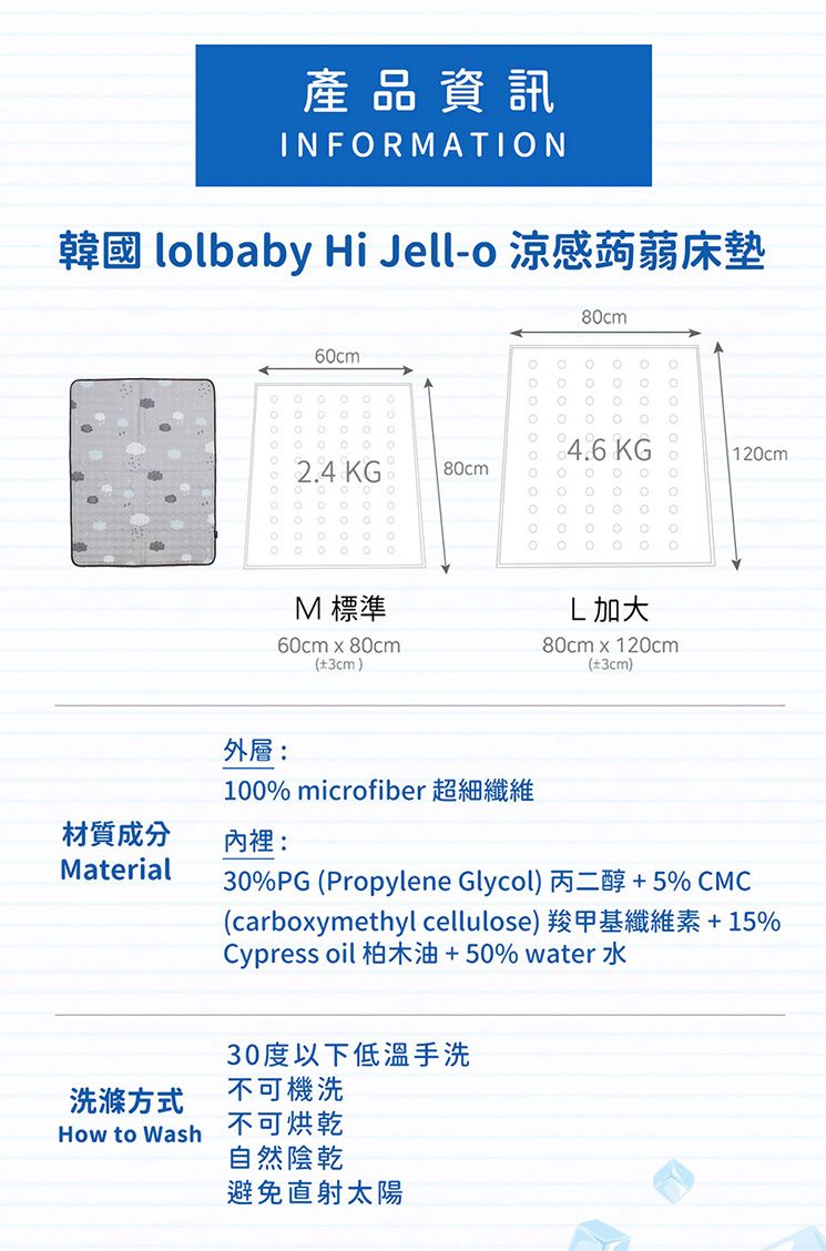產品資訊INFRMATIN韓國 llbaby Hi Jell-o 涼感蒟蒻床墊6cm8cm 4.6KG 12cm2.4 KG  O0o0 O0M 標準60cm  80cm(±3cm)L加大80cm  120cm(±3cm)外層:100% microfiber 超細纖維材質成分內裡:Material30%PG (Propylene Glycol) 丙二醇+5% CMC(carboxymethyl cellulose) 羧甲基纖維素+15%Cypress oil 柏木油+50% water 水30度以下低溫手洗洗滌方式不可機洗How to Wash不可烘乾自然陰乾避免直射太陽