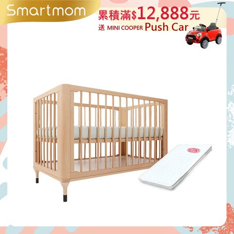 Smartmom 聰明媽咪 原生初紋櫸木嬰兒床+杜邦立體防蹣透氣墊(超值兩件組)兒童床 成長床