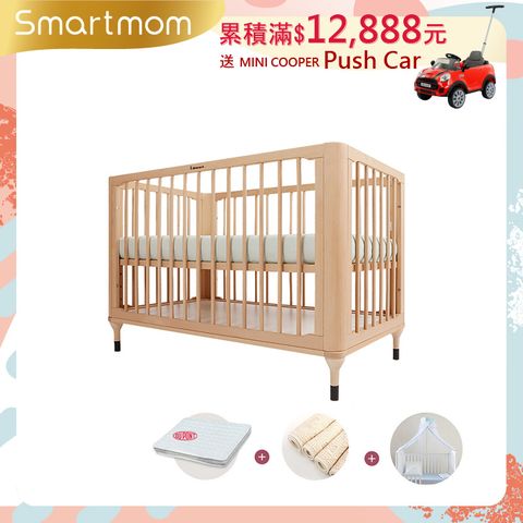 Smartmom 聰明媽咪 原生初紋櫸木嬰兒床+杜邦防蹣透氣墊+尿墊+蚊帳(超值4件組)兒童床 成長床