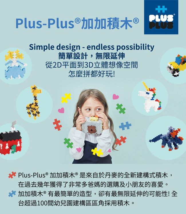 PLUSPlusPlus加加積木 ® Simple design - endless possibility簡單設計,無限延伸從2D平面到3D立體想像空間怎麼拼都好玩!Plus-Plus ® 加加積木®是來自於丹麥的全新建構式積木,在過去幾年獲得了非常多爸媽的選購及小朋友的喜愛。加加積木®有最簡單的造型,卻有最無限延伸的可能性!全台超過100間幼兒園建構區區角採用積木。