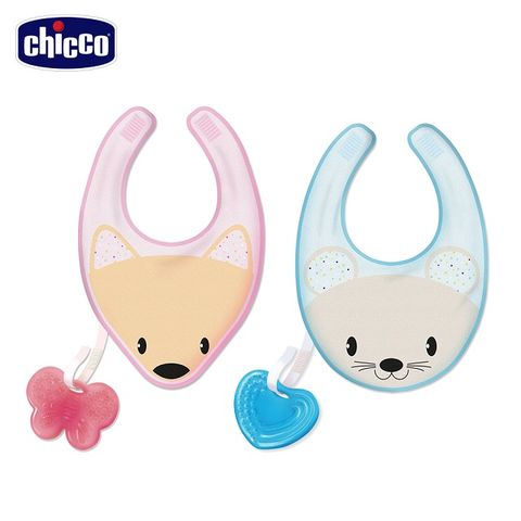【chicco】動物棉織圍兜-附掛矽膠固齒器