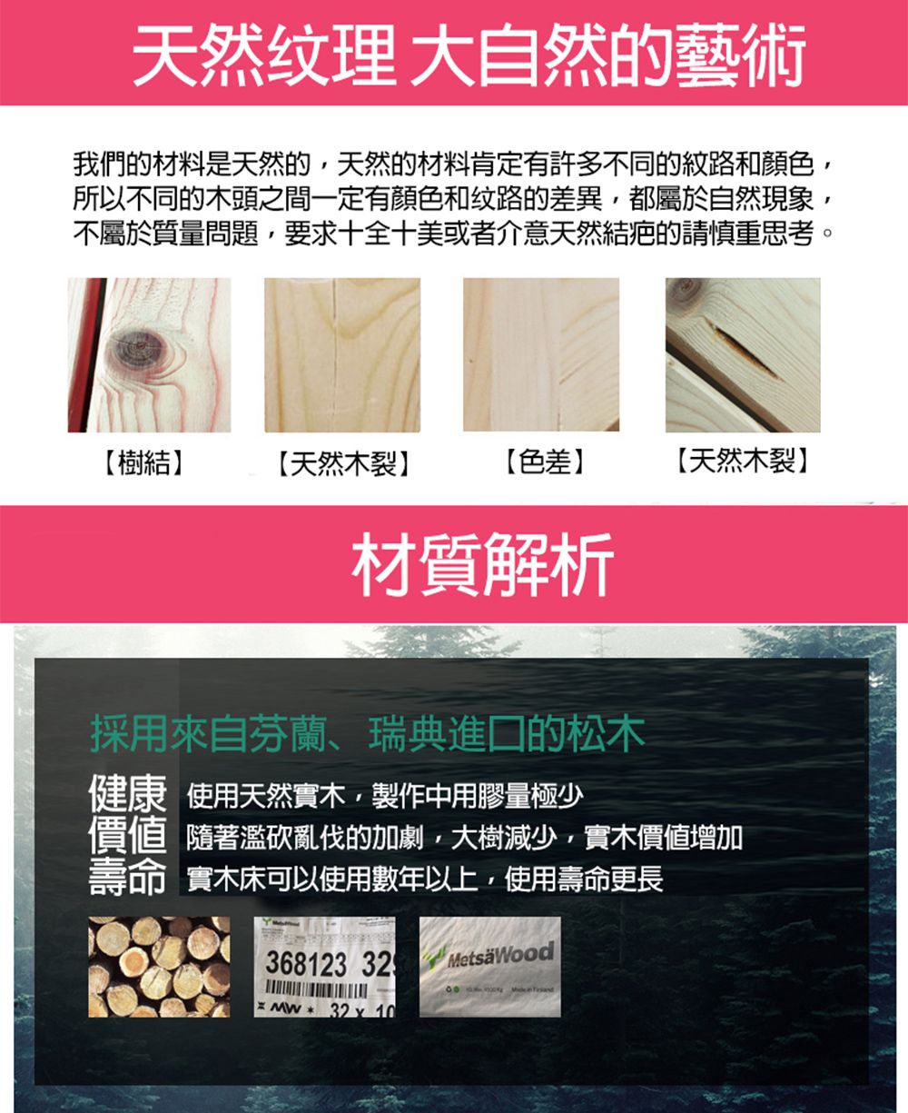天然纹理 大自然的藝術我們的材料是天然的天然的材料肯定有許多不同的紋路和顏色,所以不同的木頭之間一定有顏色和纹路的差異,都屬於自然現象,不屬於質量問題,要求十全十美或者介意天然結疤的請慎重思考【樹結】【天然木裂】【色差】【天然木裂】材質解析採用來自芬蘭、瑞典進口的松木健康 使用天然實木,製作中用膠量極少價值 隨著濫砍亂伐的加劇,大樹減少,實木價值增加壽命 實木床可以使用數年以上,使用壽命更長368123 32 MetsäWood 32  10