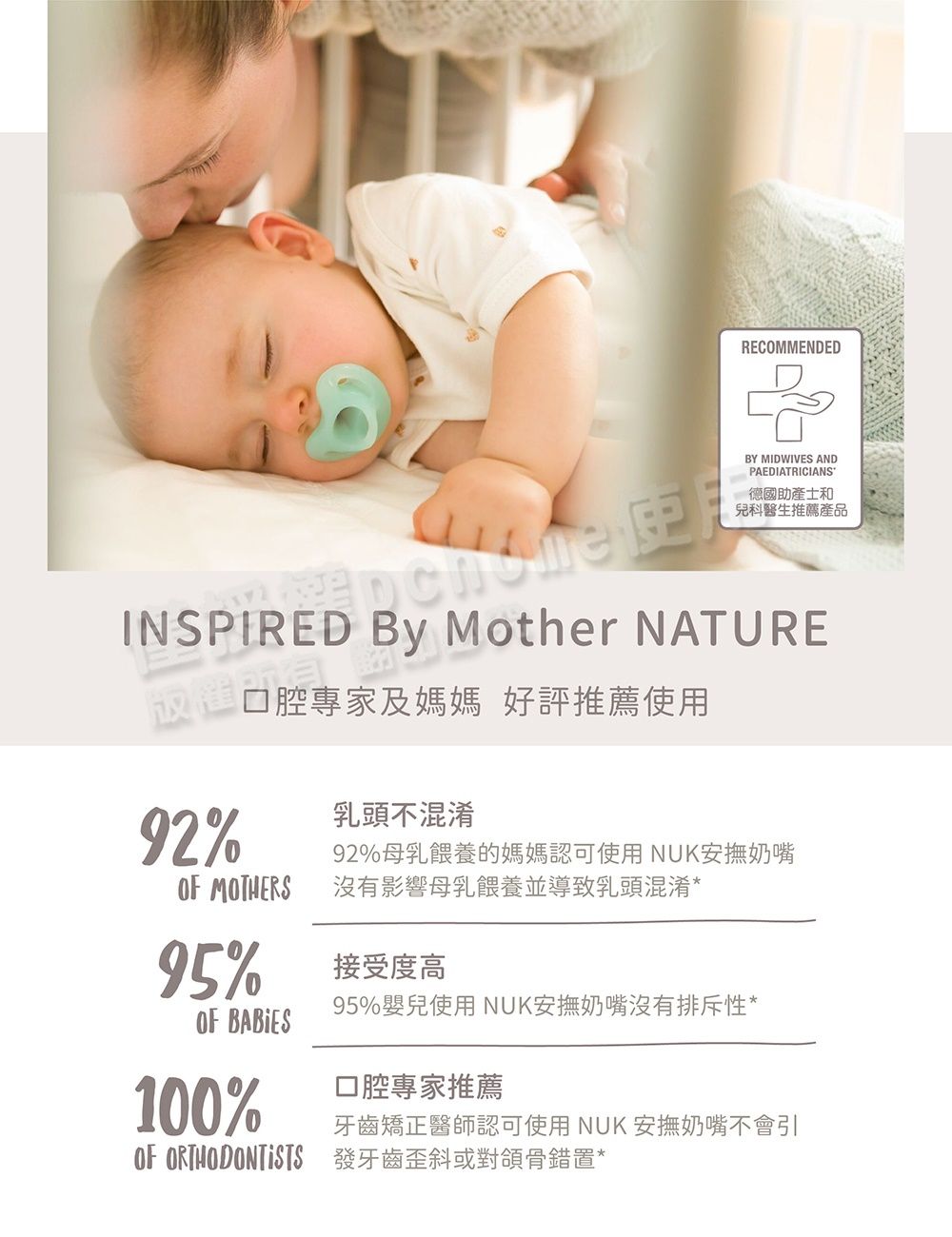 RECOMMENDEDBY MIDWIVES ANDPAEDIATRICIANS德國助產士和兒科醫生推薦產品INSPIRED  Mother NATURE放權所口腔專家及媽媽 好評推薦使用92% MOTHERS95%OF BABIES100%乳頭不混淆92%母乳餵養的媽媽認可使用NUK安撫奶嘴沒有影響母乳餵養並導致乳頭混淆*接受度高95%嬰兒使用 NUK安撫奶嘴沒有排斥性*口腔專家推薦牙齒矯正醫師認可使用 NUK 安撫奶嘴不會引OF ORTHODONTISTS 發牙齒歪斜或對頜骨錯置*