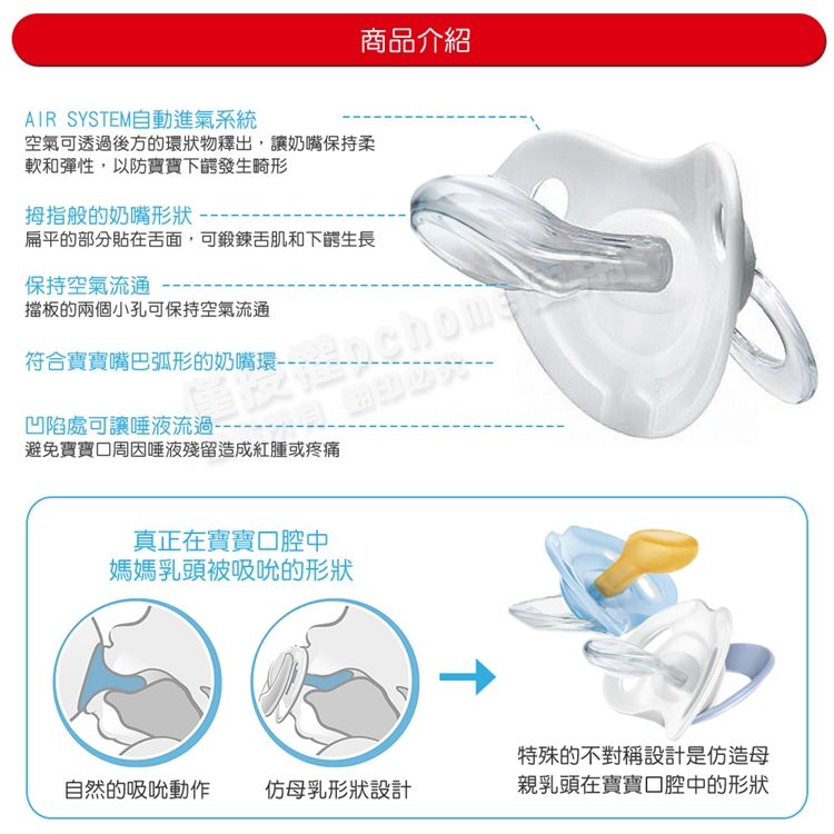 商品介紹AIR SYSTEM自動進氣系統空氣可透後方的環狀物釋出,讓奶嘴保持柔軟和彈性,以防寶寶下發生畸形拇指般的奶嘴形狀扁平的部分貼在舌面,可鍛鍊舌肌和下鳄生長保持空氣流通擋板的兩個小孔可保持空氣流通符合寶寶嘴巴弧形的奶嘴環凹陷處可讓唾液流過避免寶寶周唾液殘留造成紅腫或疼痛真正在寶寶口腔中媽媽乳頭被吸吮的形狀自然的吸吮動作母乳形狀設計特殊的不對稱設計是仿造母親乳頭在寶寶口腔中的形狀