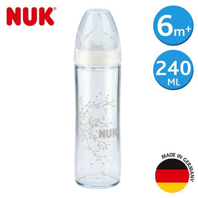 NUK 輕寬口徑玻璃奶瓶240ml-附1號中圓洞矽膠奶嘴0m+(顏色隨機出貨)