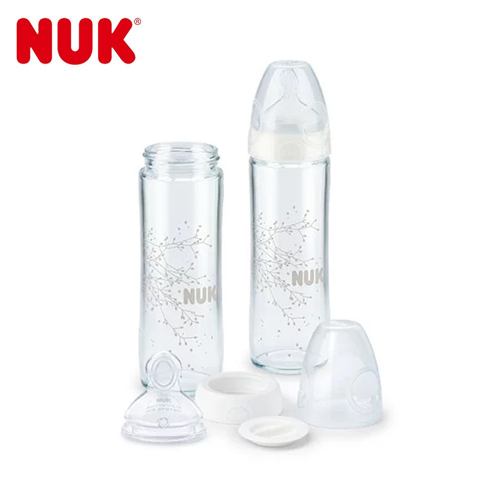 NUK 輕寬口徑玻璃奶瓶240ml-附1號中圓洞矽膠奶嘴0m+(顏色隨機出貨)