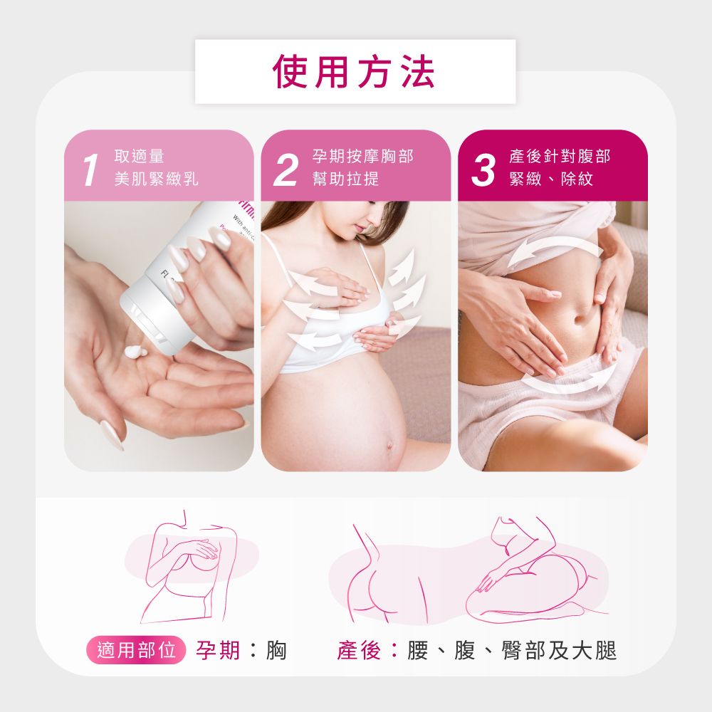 1取適量美肌緊緻乳Wi anth 使用方法孕期按摩胸部2幫助拉提3產後針對腹部緊緻、除紋適用部位孕期胸 產後:腰、腹、臀部及大腿