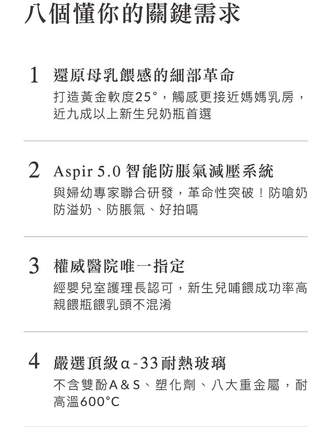 八個懂你的關鍵需求1 還原母乳餵感的細部革命打造黃金軟度25°,觸感更接近媽媽乳房,近九成以上新生兒奶瓶首選2 Aspir5.0 智能防脹氣減壓系統與婦幼專家聯合研發,革命性突破!防嗆奶防溢奶、防脹氣、好拍嗝3 權威醫院唯一指定經嬰兒室護理長認可,新生兒哺餵成功率高親餵瓶餵乳頭不混淆4 嚴選頂級a-33耐熱玻璃不含雙酚A&S、塑化劑、八大重金屬,耐高溫600